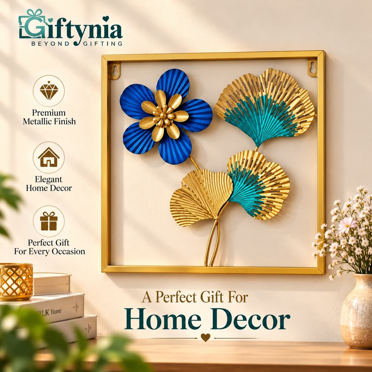 Elegant Blue & Gold Metallic Floral Wall Decor | Premium Home Gift